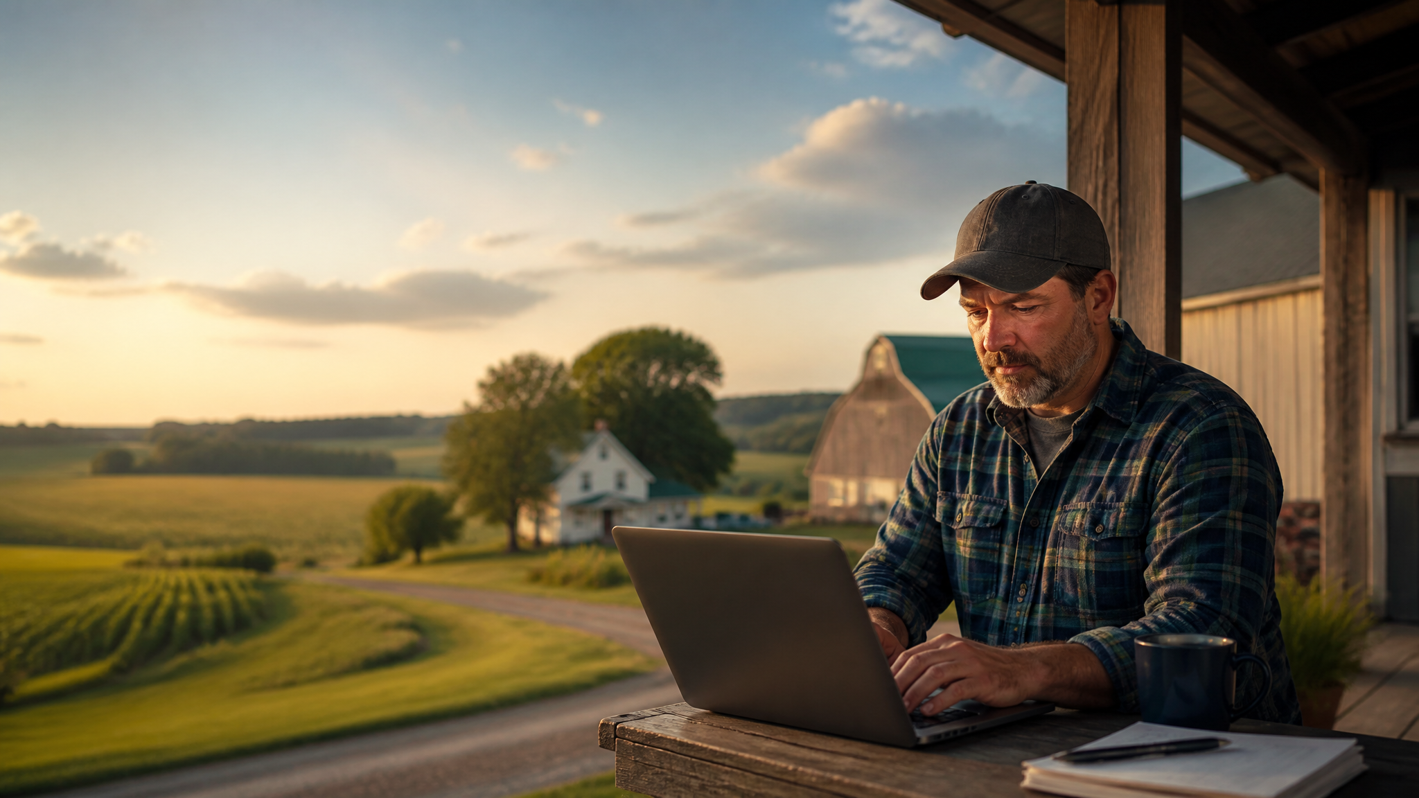 A farmer working on a laptop on his porch at sunset