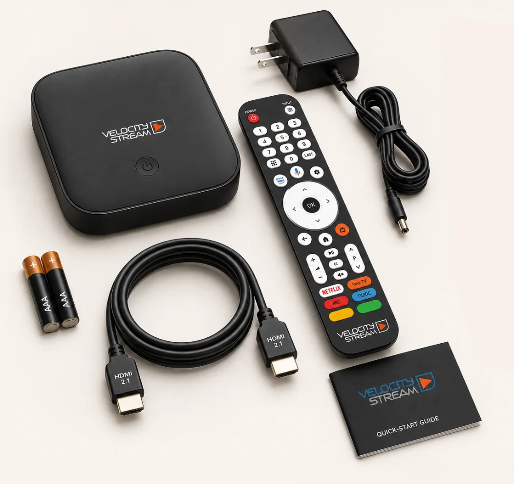 The Velocity Stream Box, remote, power adapter and cables